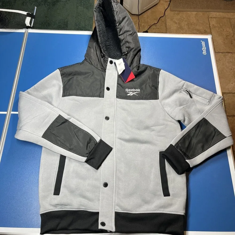 Reebok Mens Jacket L Fleece Quilted Hooded Zip Front Long Sleeve Black Gray $140